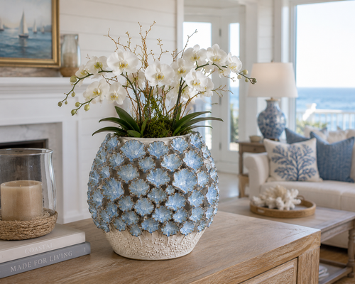 Handmade Thai Blue Fish Scale Floral Ceramic Vase – 10"