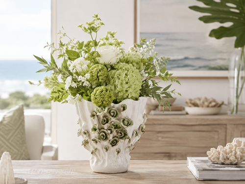 Handmade Green & Ivory Floral Ceramic Vase – Small