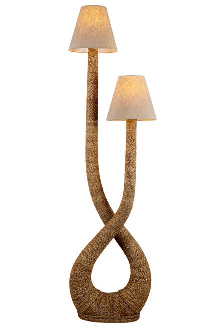 Infinity handwoven abaca rope floor lamp FL183, 60-inch double-arm coastal floor lamp with dual linen shades.