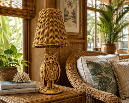 Handwoven Wicker Owl Table Lamp – 24"