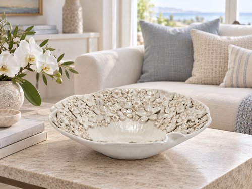 Handmade Thai White Ceramic Barnacle Bowl Platter