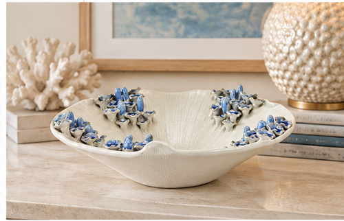 Handmade Thai Blue & White Floral Reef Ceramic Bowl