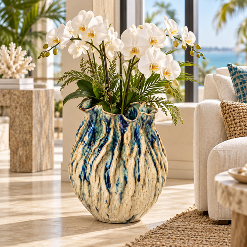 Cream White & Reactive Blue Konjac Ceramic Vase – Small