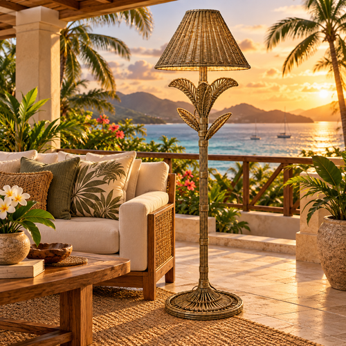 Antique Taupe Wicker Palm Floor Lamp