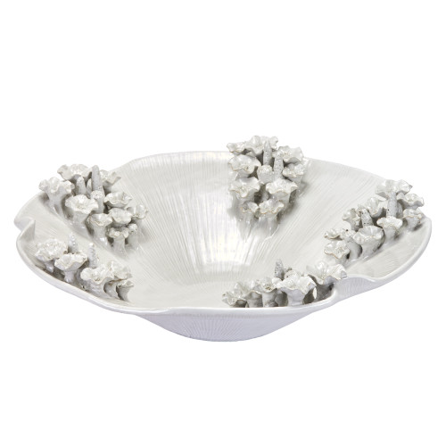 Handmade Thai white floral ceramic bowl with sculptural raised flower detailing