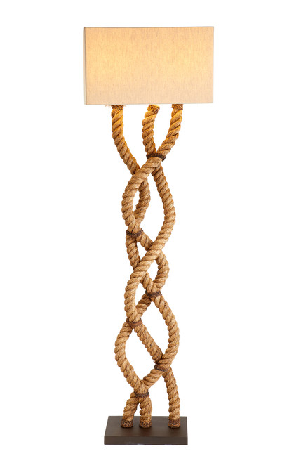 Island Knot Manila rope floor lamp FL131, 67-inch handcrafted coastal floor lamp with neutral fabric shade.