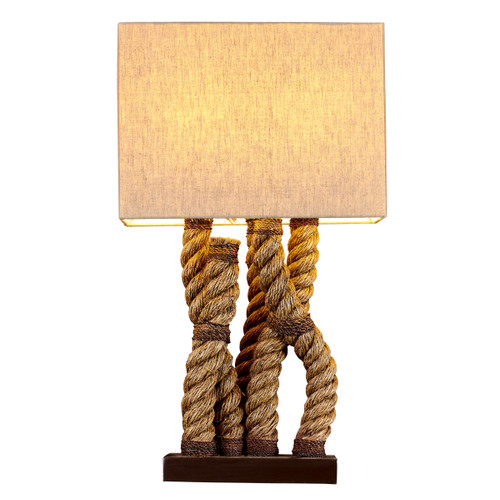 Mariner’s Knot rope table lamp L130, 28-inch handcrafted natural Manila rope lamp with sculptural knotwork and rectangular linen shade.