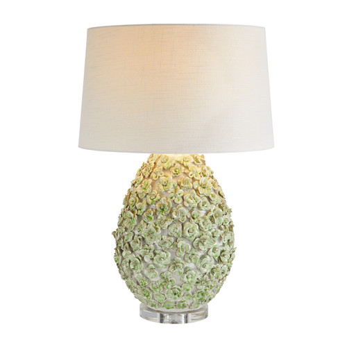 Handcrafted Thai green blossom ceramic table lamp with sculpted floral base, clear acrylic pedestal and white linen shade