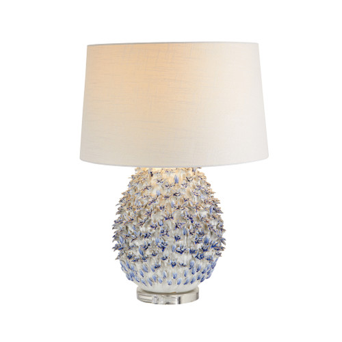 Handmade Thai Blue Jasmine Bloom Ceramic Table Lamp, 26-inch floral lamp with cobalt blue blossoms, clear acrylic base and linen shade.