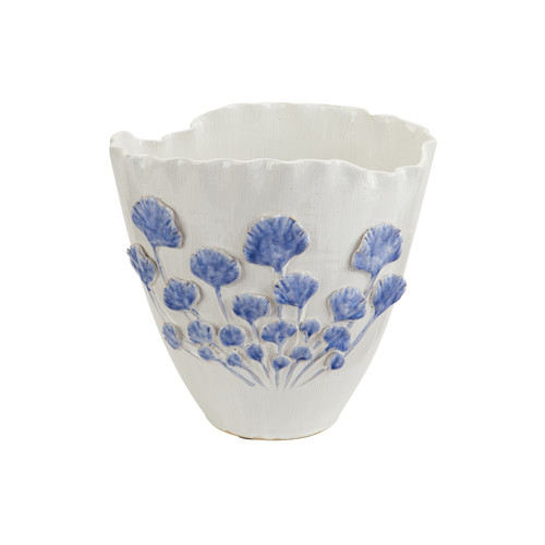 Handmade Thai Blue Ginkgo Ceramic Vase – 10.5" W x 12" H