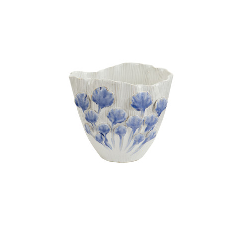 Handmade Thai Blue & White Ginkgo Ceramic Vase 6" W x 7" H