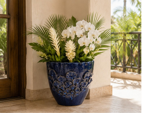 Handmade Thai Blue Floral Ceramic Floor Vase – 12" Decorative Artisan Vase