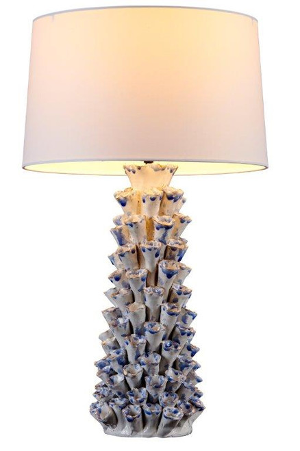 Handmade Thai White and Blue Coral Ceramic Table Lamp with sculpted coral base and white linen shade on white background
