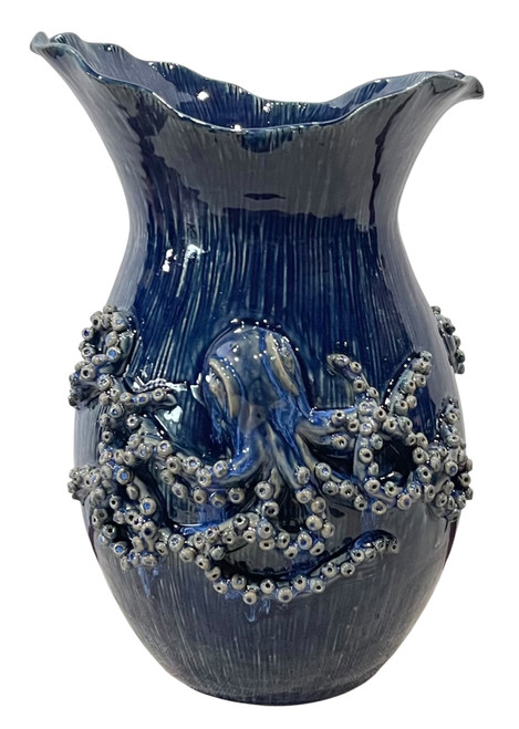 Large handmade Azure Reef blue ceramic octopus vase with sculpted tentacle detailing on a white background.