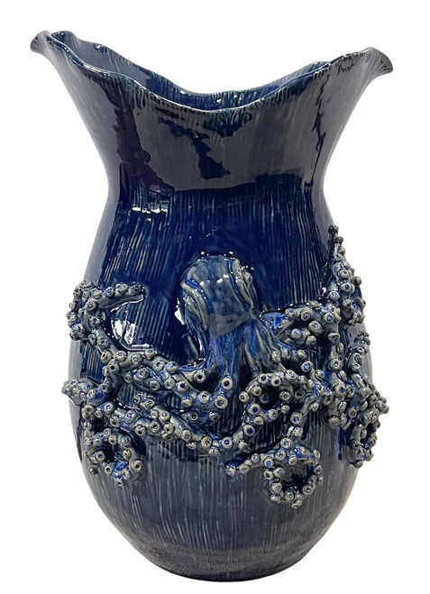 Extra large handmade Azure Reef octopus ceramic vase with sculpted tentacle detailing on a white background.