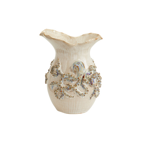 Medium handmade cream ceramic octopus vase with sculpted tentacle and pearl-like detailing on a white background.