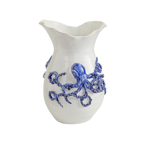 Large handmade blue and white ceramic octopus vase with sculpted cobalt blue tentacle detailing on a white background.