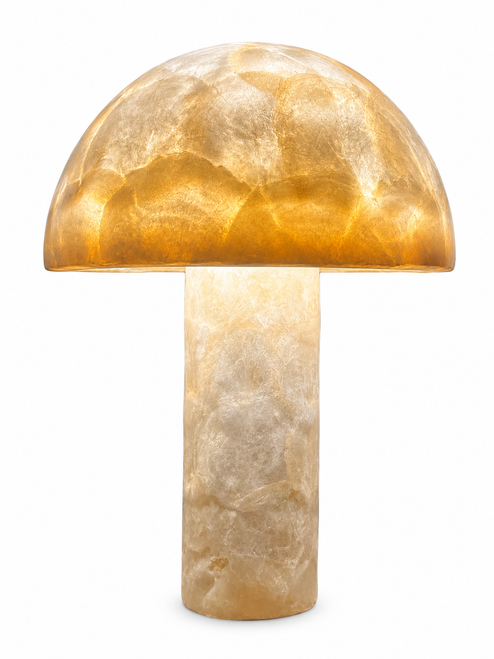 Golden Capiz Shell Mushroom Table Lamp L113S, 18-inch genuine Capiz shell lamp with domed shade and cylindrical shell base.
