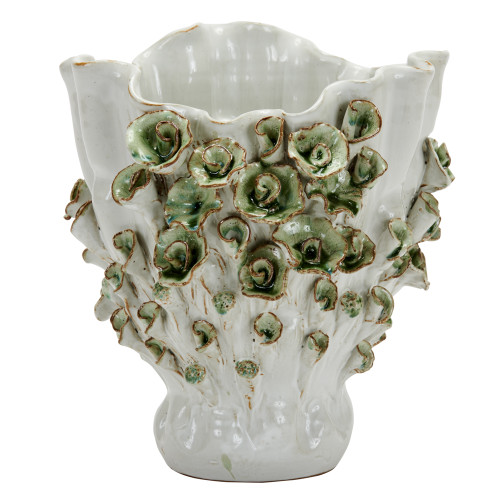 Handmade Thai Green Floral Ceramic Vase – 8.25" W x 9" H