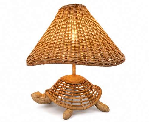 Handwoven wicker turtle table lamp, 18-inch handcrafted animal lamp with sculptural sea turtle base and coordinating woven wicker shade.
