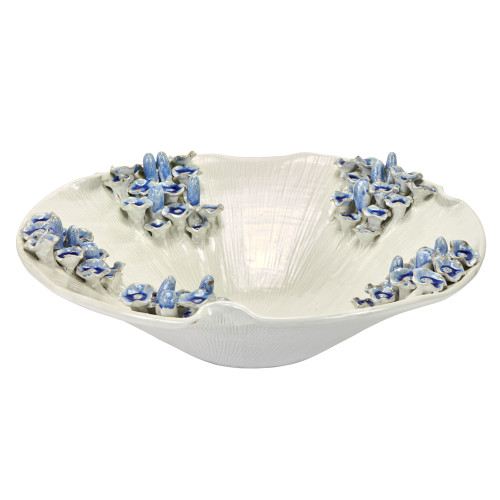 Handmade Thai blue and white floral reef ceramic bowl on a white background