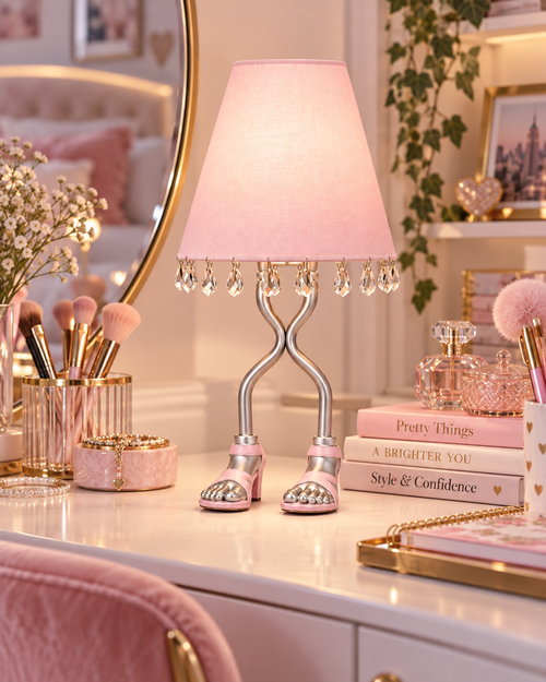 Meet the Eve Lamp, a playful and distinctive designer table lamp created as an exclusive Continental Home design. This soft pink version pairs a sculptural silver metal leg base with feminine pink high-heel shoe detailing and a pale pink fabric shade finished with dangling clear crystal-style beads.
Standing 14 inches tall with a 6.5-inch wide shade, the Eve Lamp is perfectly scaled for desks, vanities, nightstands, shelves, and accent tables. Its compact proportions make it especially appealing for kids’ rooms, teen rooms, dressing areas, dorm-style spaces, boutiques, and creative interiors.
Designed as both functional lighting and decorative art, this sculptural eclectic accent lamp brings personality without overwhelming a room. Its soft pink palette, polished silver finish, crystal-style trim, and distinctive shoe detailing create a memorable statement lighting piece.
Key Features
- Exclusive Continental Home design
- Sculptural silver metal leg base
- Decorative pink high-heel shoe detailing
- Soft pink fabric shade
- Dangling clear crystal-style bead trim
- Compact size for desks, vanities, shelves, and nightstands
- Ideal for kids’ rooms, teen rooms, dressing areas, and eclectic interiors
- Distinctive fashion-inspired sculptural design
Specifications
Dimensions: 14" Tall
Shade: 6.5" Wide
Material: Metal, Fabric Shade, Crystal-Style Beads
Finish: Silver Metal with Pink Accents
Shade Color: Soft Pink
Design: Exclusive Continental Home Design