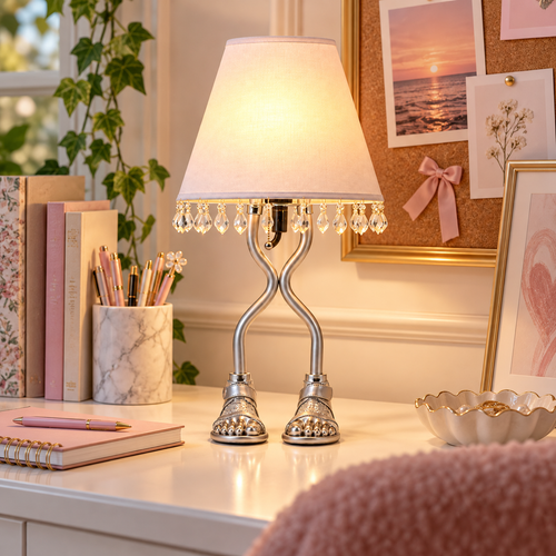 White and silver Eve designer table lamp styled on a vanity with clear crystal bead trim and open-toe sandal feet