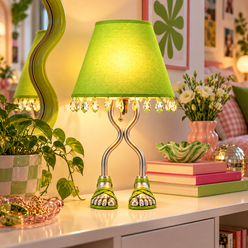 Lime green Eve designer table lamp displayed on an accent table in a stylish reading nook