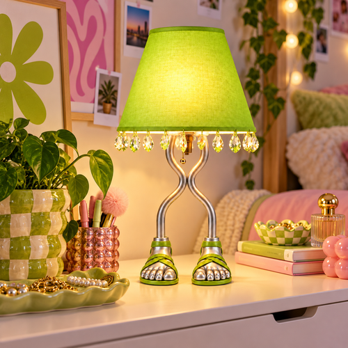 Lime green Eve designer table lamp styled on a nightstand in a colorful teen bedroom