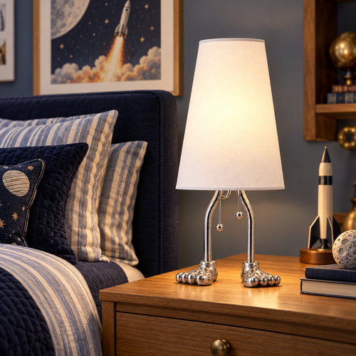 White Adam table lamp with sculptural silver metal feet on an oak nightstand in a boy’s bedroom with navy bedding and space-themed art.