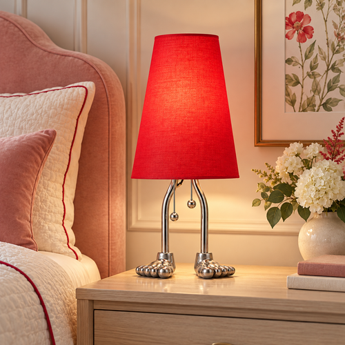 Red Adam table lamp on an oak nightstand in a girl’s bedroom with a blush headboard, ivory bedding, and botanical artwork.