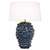 Handmade Thai Blue Sea Anemone Ceramic Table Lamp with deep blue sculpted ceramic base and linen shade on white background