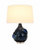 Handmade Thai deep blue ceramic crab table lamp lit with white cotton shade on white background