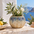 Handmade Thai blue and cream sea urchin vase with flowers and greenery overlooking a Mediterranean coastal setting