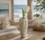Handmade Thai White Moss ceramic vase styled in an elegant coastal Mediterranean interior