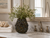 Handmade Thai celadon and sea blue textured ceramic vase with botanicals on a coastal bathroom vanity