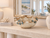 Oyster white and blue ceramic floral bowl displayed on an elegant console table