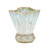Two tone multi glazed scalloped ceramic vase in light aqua blue and white on a white background