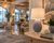 Handcrafted Thai blue floral ceramic table lamp styled in an upscale hotel or resort interior