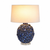 Handmade Thai blue oyster ceramic table lamp with white linen shade on white background