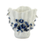 Alternate view of medium blue and white floral ceramic vase showing sculpted flower details and scalloped rim.