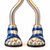 Close-up of the blue Eve lamp’s open-toe sandal feet with exposed silver toes and blue crossing straps.