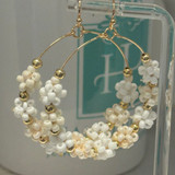 White Neutral Beaded Flowers Hoop Fashion Earrings 