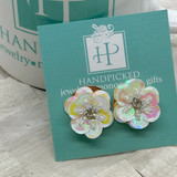 White Sequin Sparkle Flower Post Fashion Earrings  