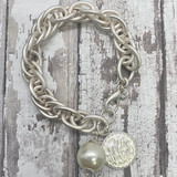 Monogram Disc Bracelet with Faux Puff Pearl - Fashion Silver