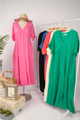Pink Frayed Detail Soft Crinkle Gauze Midi Dress