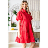 Collared Button Neck Puff Sleeve Tiered Mini Dress