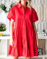 Collared Button Neck Puff Sleeve Tiered Mini Dress