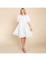 White Poplin Puffed Sleeve Dress