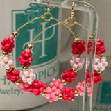 Fuchsia Beaded Flowers Hoop Fashion Earrings 